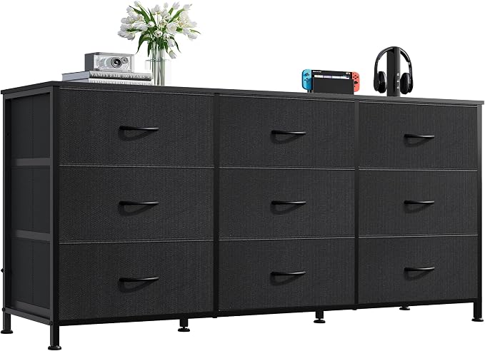 WLIVE 47''W Dresser for Bedroom, Black Dresser TV Stand for 45, 50, 55 inch TV, Wide Chest of Drawers with 9 Drawer, Large Entertainment Center, Fabric Dressers with Wood Top for Closet, Living Room by WLIVE
