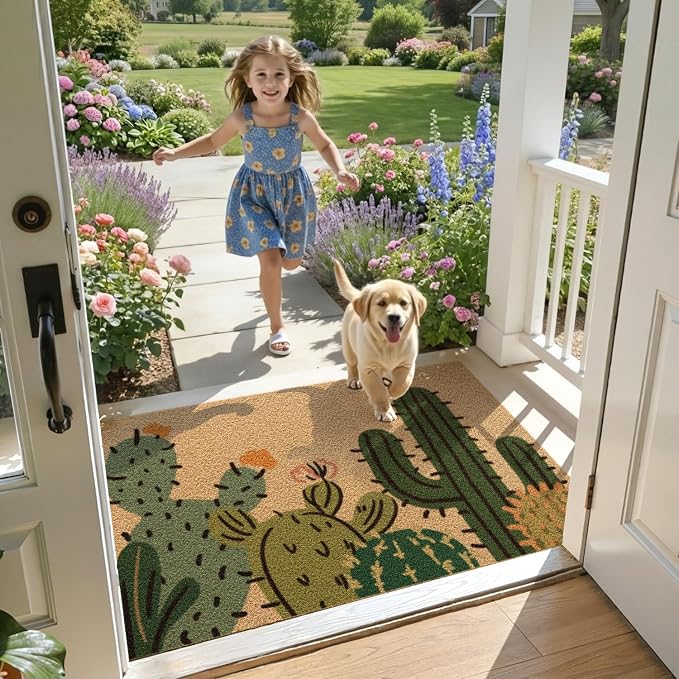 DEXI Front Door Mat Outside Entrance Coir, 32x48 Heavy Duty Entry Tropical Plant Doormat, Non Slip Exterior Entryway Floor Dirt Trapper for Porch Patio, Green Cactus - Image 3