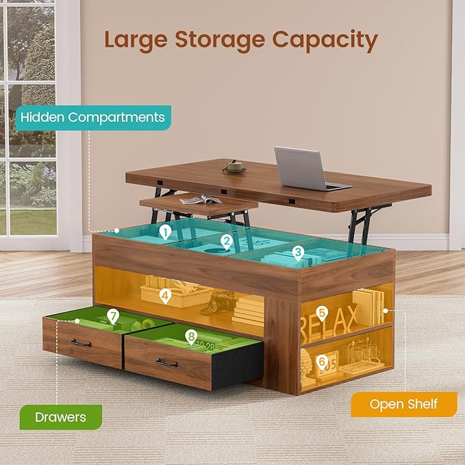 Itaar Lift Top Coffee Table, 4 in 1 Coffee Tables with Storage and Hidden Compartment, Farmhouse Coffee Table with 2 Fabric Drawers & LED Light for Living Room, Brown