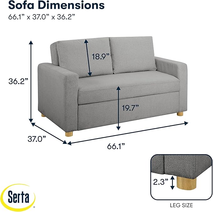 Serta Tulsa 66.1" Convertible Sleeper Loveseat, Full Size, Dreamcoil Comfort, FingerGuard Pinch Point Protection, Boucle Fabric, Grey