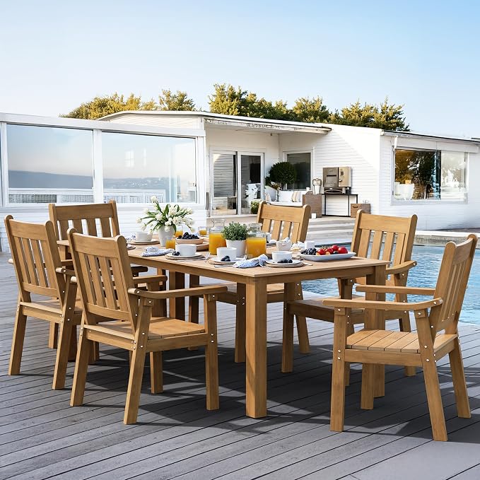 YEFU HIPS Patio Table Set: 7 Piece Outdoor Table and Chairs Dining Furniture Set with Umbrella Hole - Teak Modern Plastic Dining Sets 6 Person for Outside Deck with Metal Aluminum Frame - Image 9