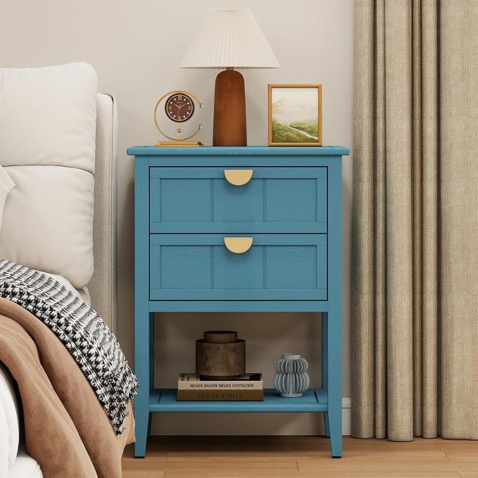 Blue Wood Nightstand with 2 Drawers and Open Shelf, Modern Bedside Table with Solid Wood Frame and Golden Handles, Narrow Wooden Side Table for Bedroom, 2 PC - Image 9