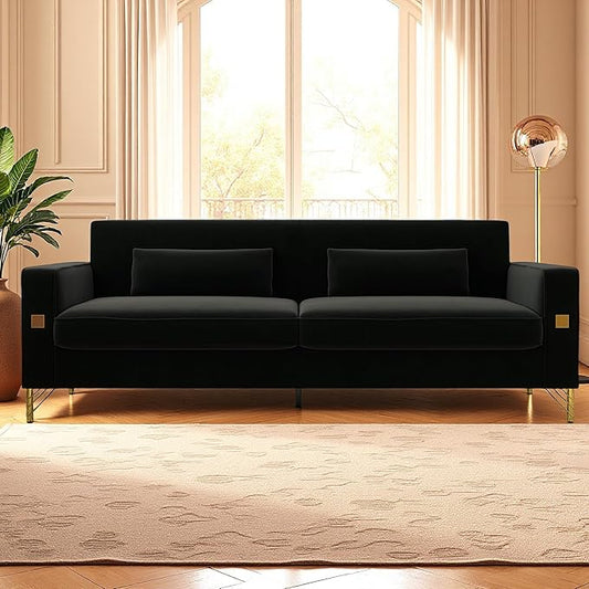 KEIKI 86" Oversized Luxury Velvet Sofa with Armrest and Removable Plush Cushions, Minimalist Gold Accents 3-Seater Couch with Solid Legs, Easy Assembly, for Living Room, Bedroom, Apartment, Black
