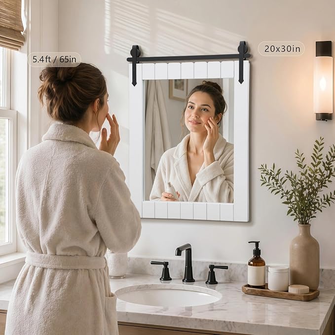 Besdomus Rustic Bathroom Farmhouse Mirror: 22"x30" White Western Barn Door Solid Cedar Wood Frame Vanity Mirror - Wall Mounted for Bathroom/Hallway/Living Room - Rustic Decor for Fashion-Conscious - Image 2