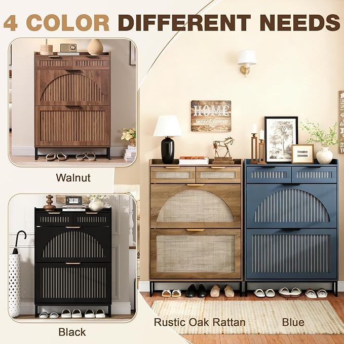 Fluted Shoe Cabinet Storage for Entryway – Narrow Shoe Rack with 2 Flip Drawers & 2 Storage Drawers, Freestanding Hidden Shoe Organizer for Foyer, Hallway (Rustic Oak Rattan) - Image 4