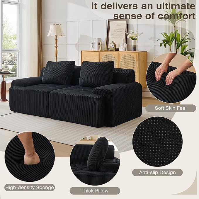 Modular Sectional Sofa, Boneless Couches for Living Room, Corduroy Couch, Big Comfy Couch, Modular Cloud Sofa with Deep Seat (Black, 2 Pieces-Loveseat)