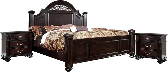 Furniture of America Malierd 3 Piece Traditional Bed Set with 2 Nightstands, Box Spring Required, California King, Dark Walnut