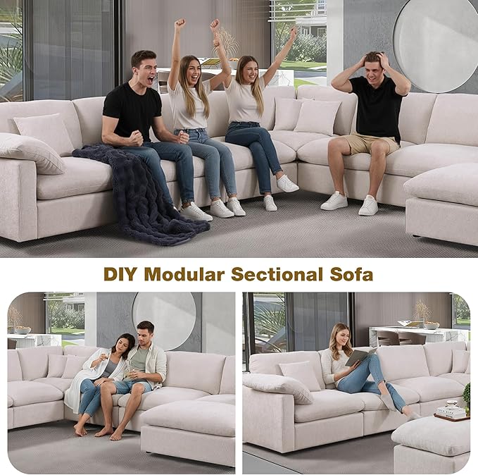 144-Inch Oversized L-Shaped Symmetrical Sectional Cloud Sofa,Modern 8 Seat Modular Cloud Sofa Luxury Convertible Couch with 6 Pillows and Movable Ottoman for Living Room