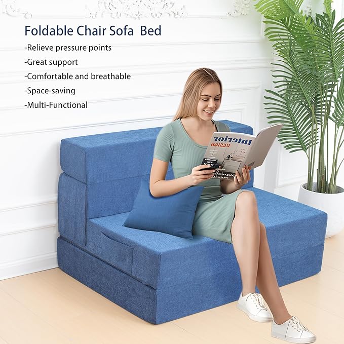 Folding Sofa Bed Chair with Pillow,Convertible Fold Out Chair Bed Sleeper,Foam Floor Mattress, Foldable Futon Couch Bed for Living Room/Dorm/Guest/Office (Blue, Twin)