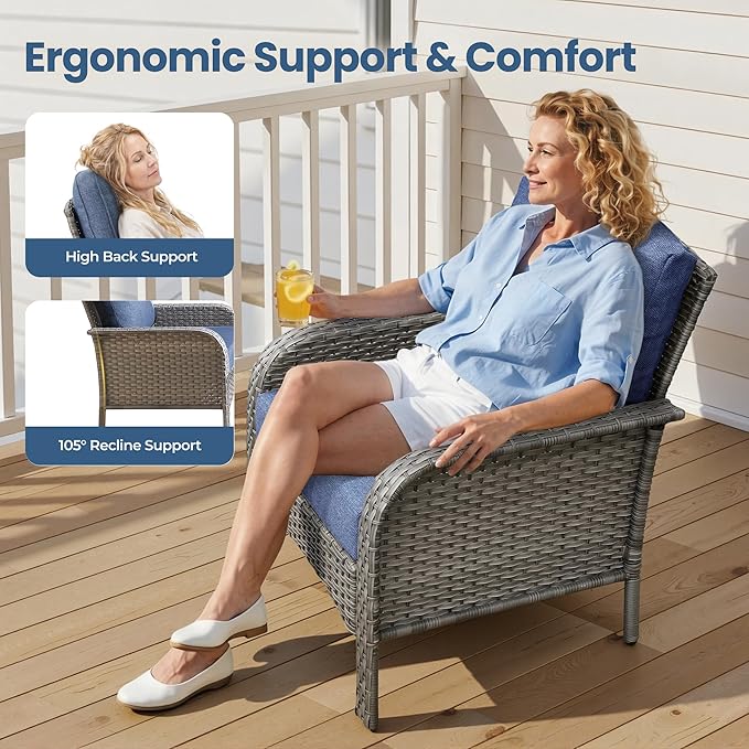 Weaxty Wicker Patio Furniture Set High Back Loveseat Sofa Couch Armchair Coffee Table, All Weather Rattan 4 Pieces Outdoor Conversation Sets for Patio Porch Deck Backyard Poolside, Denim Blue