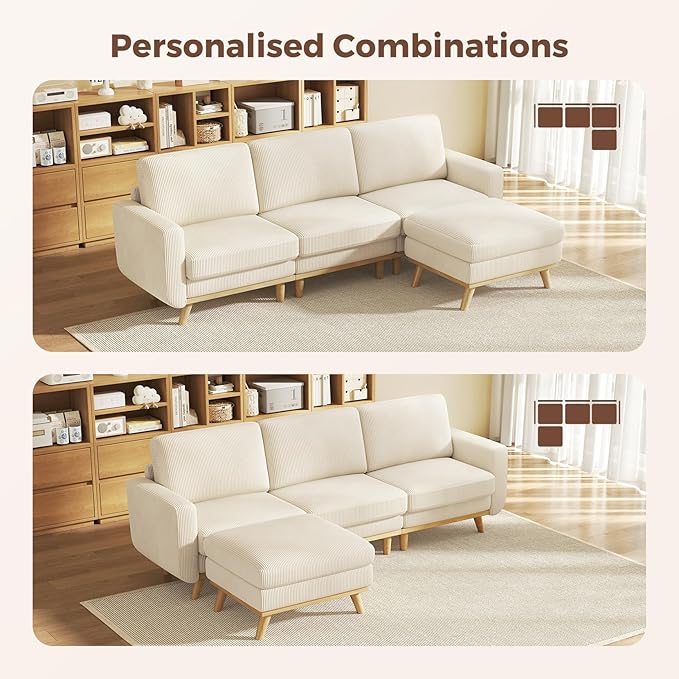 97" Beige Corduroy Modular Sectional Sofa, L-Shaped Couch with Movable Ottoman & Spring Cushion, Deep Seat Modular Sofa for Living Room Bedroom Apartment