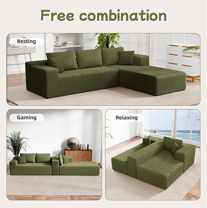 Cloud Sectional Couch, 105” Fluffy Modular L-Shape Sofa with Left Chaise Lounge, Modular Sectional Sofa in a Box, Boneless Couch for Living Room, No Assembly Required, Wool Green