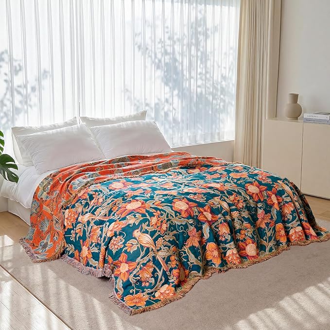 Boho Throw Blanket - 100% Cotton Ultra Soft Muslin Blanket, 60"x80" Lightweight Floral Bird Framhouse Bedding Spring Blanket for Bed, All Season Blue Bohemian Bedroom Home Decor Quilt