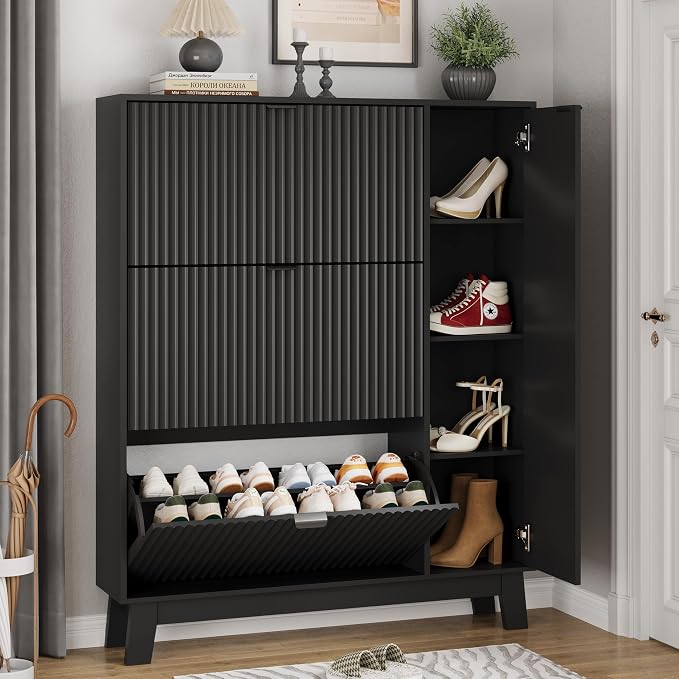 Xixini Shoe Cabinet with 3 Flip Drawers, 54" Tall Narrow Fluted Shoe Storage Organizer for Entryway, Hidden Wooden Shoe Rack with Adjustable Side Cabinet for Front Door Entrance, Hallway, Solid Black by Xixini