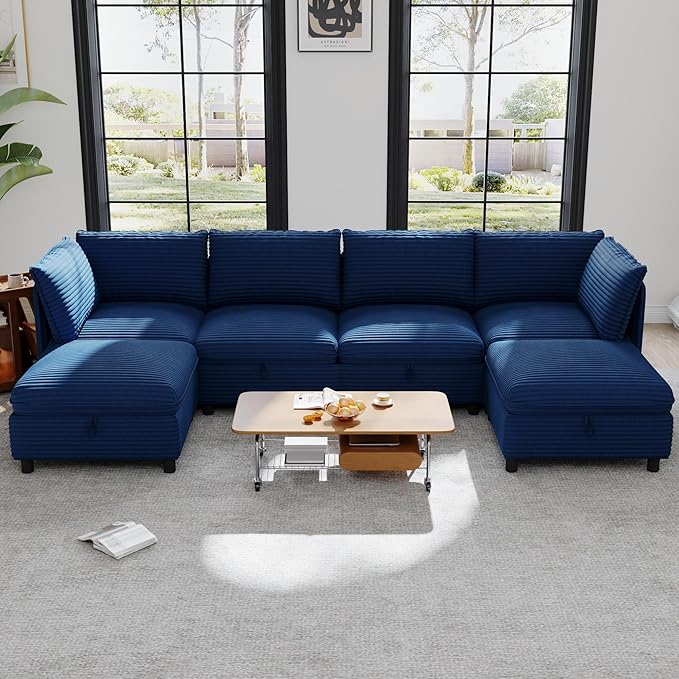 ERYE Modern Modular Storage Sectional Sofa, U/L Shaped Corduroy Modular Sofa Couch W/Movable Ottoman & Seat, 6 Seater Corduroy Upholstered Sofa Couch for Living Room