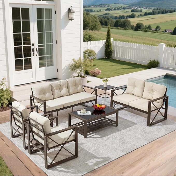 6 Pieces Outdoor Patio Furniture Set, Metal Porch Furniture Set, Outdoor Sectional Conversation Set w/Coffee Table & Side Table for for Poolside, Balcony, Yard, Beige