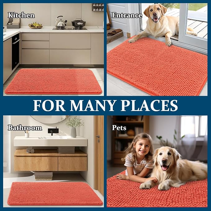 OLANLY Dog Door Mat for Muddy Paws 36x24, Absorbs Moisture and Dirt, Absorbent Non-Slip Washable Doormat, Quick Dry Chenille Mud Mat for Dogs, Entry Indoor Entryway Carpet for Inside Floor, Coral - Image 8