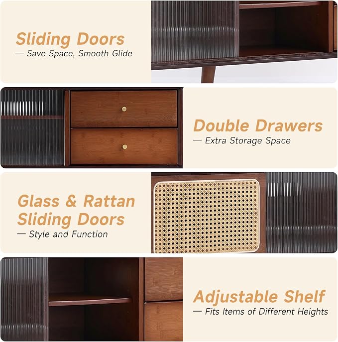Tiita Rattan TV Stand for 55 65 Inch TV, Bamboo TV Cabinet with 2 Drawers, Boho Entertainment Center with Adjustable Shelf, Mid Century Modern Media Console for Bedroom, Living Room, Walnut - Image 5