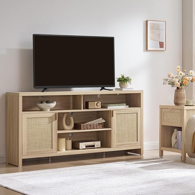 SICOTAS 63" Rattan TV Stand for TVs up to 65" - 31.5" Tall TV Stands for Living Room Boho Entertainment Center with Large Storage and Doors, Modern Wood Media Console for Bedroom, Light Oak - Image 6