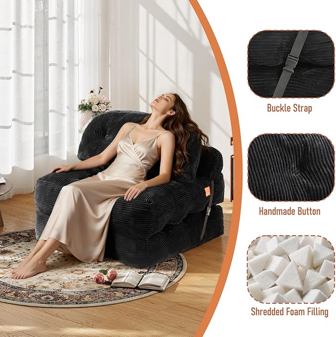 Folding Sofa Bed, Convertible Sleeper Chair with Back Support and Pillow Futon,Boneless Foldable Couch for Living Room/Guest Use/Home Office, Foldable Chair Bed for Adults, Black
