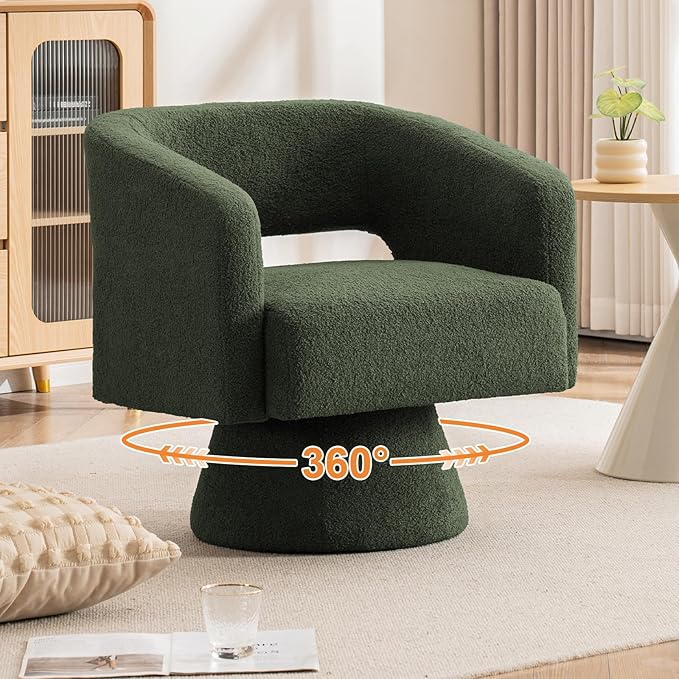 ClinQ Swivel Barrel Accent Chair, Oversized Teddy Upholstered Round Swivel Chairs Set of 4, Modern Luxury 360° Living Room Vanity Chair for Bedroom Office&Living Room, Green