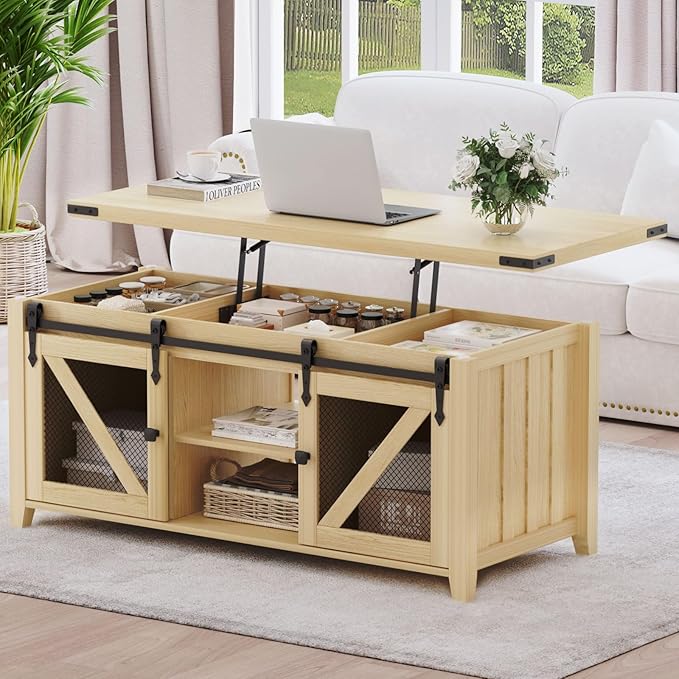 48" Farmhouse Lift Top Coffee Table with Storage, Sliding Barn Door, Large Hidden Compartment, Wooden Lifting Tabletop with Adjustable Shelf for Living Room, Office (Oak)