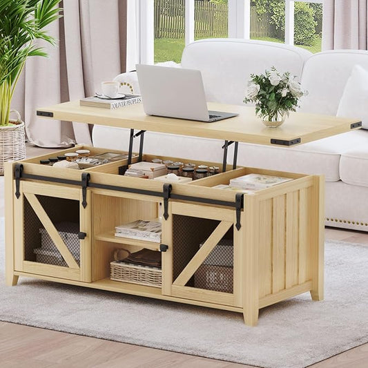 48" Farmhouse Lift Top Coffee Table with Storage, Sliding Barn Door, Large Hidden Compartment, Wooden Lifting Tabletop with Adjustable Shelf for Living Room, Office (Oak)