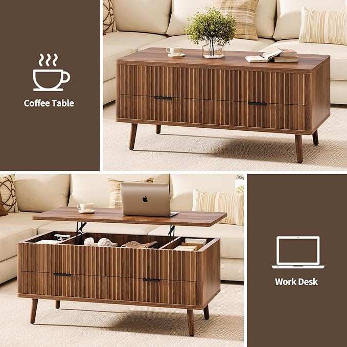 Lift Top Coffee Table with Storage - Fluted Wood Coffee Tables for Living Room with Drawers & Hidden Compartment, Mid Century Modern Square Large Center Table for Home Office Reception Walnut