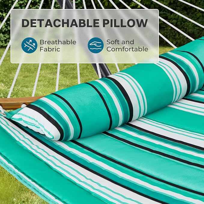 SUPERJARE Hammock with Stand, 2 Person Heavy Duty Hammock with Padded Cotton, Detachable Pillow & Strong Curved-Bar & Portable Carrying Bag, Perfect for Outdoor & Indoor, Mint Green with Stripes - Image 4