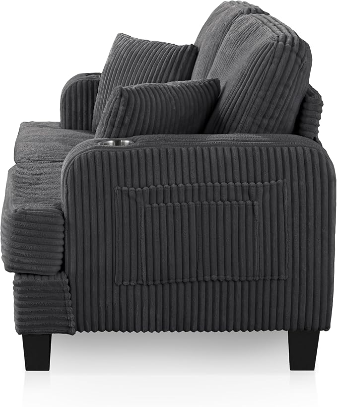 Homes: Inside + Out Reese Modern Plush Chenille Comfortable Loveseat with Side Pockets, Cup Holders and Pillows, Wooden Soft Couch for Living Room, Bedroom and Office, Dark Grey