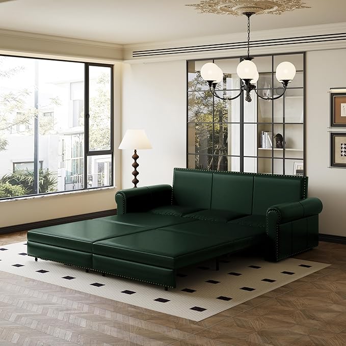 Eafurn 93.7" King Size Pull Out Sofa Bed, 3-in-1 Convertible Sleeper Sofa Couch Bed with Nailhead Decor and Rolled Arms, Faux Leather Oversized Chesterfield Loveseat Chaise Lounge