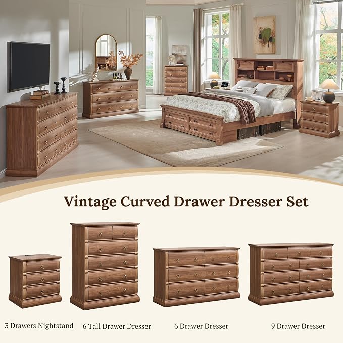 ACCOHOHO 22" Vintage Nightstand with 3 Curved Front Drawers & Retro Ring Pulls & Charging Station, Wood Bedside Table, End Table with Stable Base for Bedroom, Black Walnut Side Table - Image 3