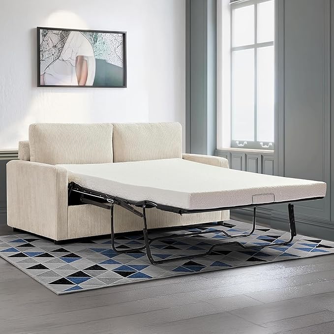 Reversible Sleeper Sofa Bed with Comfortable Memory Foam Mattress, Convertible Corduroy Full Size Pull Out Couch for Living Room, Space Saving Furniture, 70" Wide, Rectangular Arms, Ivory