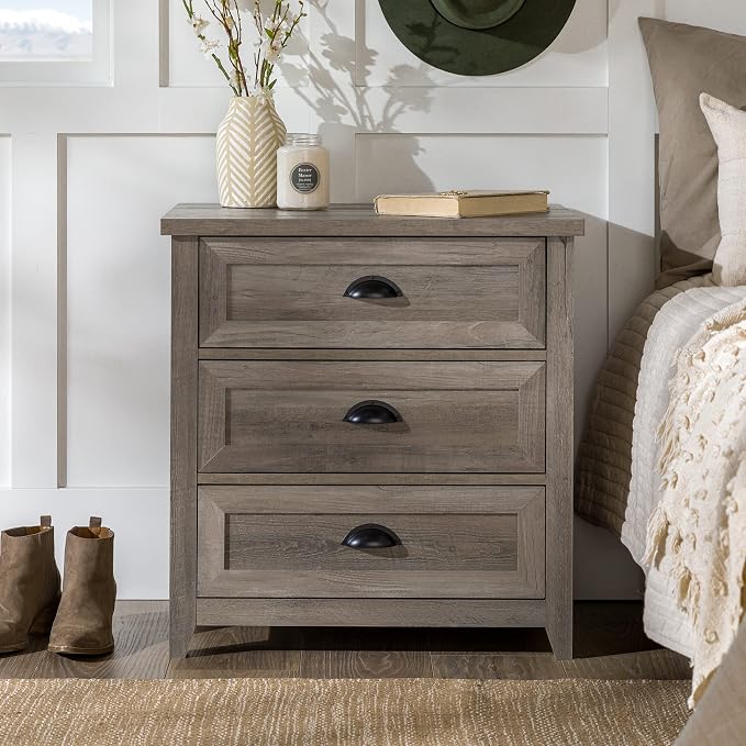 Walker Edison Hazel Modern Farmhouse 3 Drawer Framed Nightstand with Half-Moon Handles 25 Inch Grey Wash - Image 2