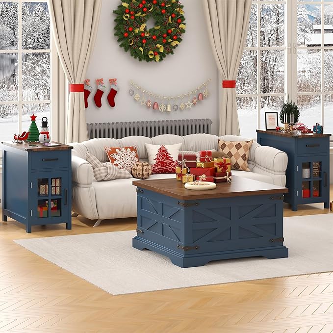 Blue Coffee Table with Storage, Farmhouse Square Center Table with Walnut Top for Living Room, Hinged Lift Soft Close, Large Hidden Storage, Modern Metal Corner, Blue Wood