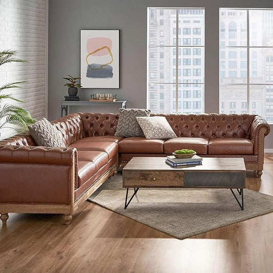 Merax PU Chesterfield Sofa, Retro Style Upholstered 6 Seater Leather Rolled Arm Couch for Living Room Bedroom Office, Light Brown