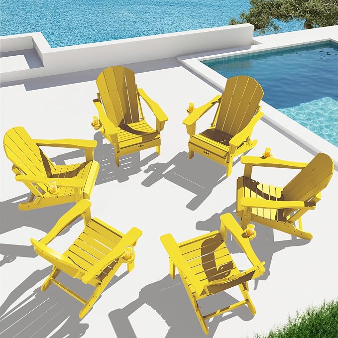 SERWALL Foldable Adirondack Chair Set of 4, Weather Resistant HIPS Patio Chairs with Cup Holder for Garden Outdoors-Lemon - Image 10