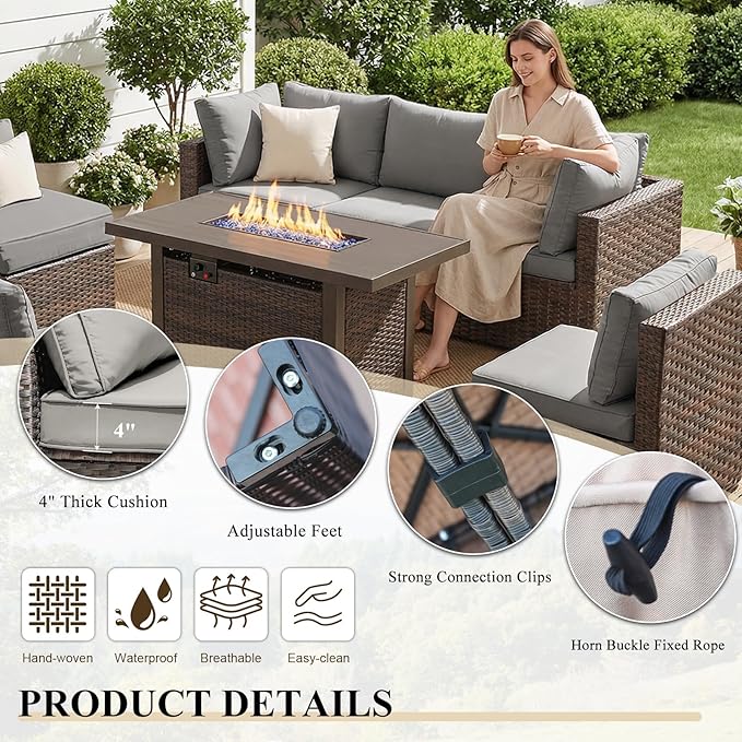 Patio Furniture Set with Fire Pit Table 5 Piece All Weather PE Rattan Outdoor Sectional Sofa Couch with 4 x arm Sofa, No-Slip Cushions for Garden, Poolside, Backyard (Gray)