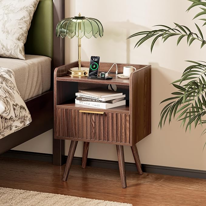 Huuger Nightstand with Charging Station, USB-C Port, Fluted Night Stand Set of 2, Bed Side Table with Drawer, Solid Wood Feet, Open Storage, End Table with Raised Edge, for Bedroom, Walnut - Image 3