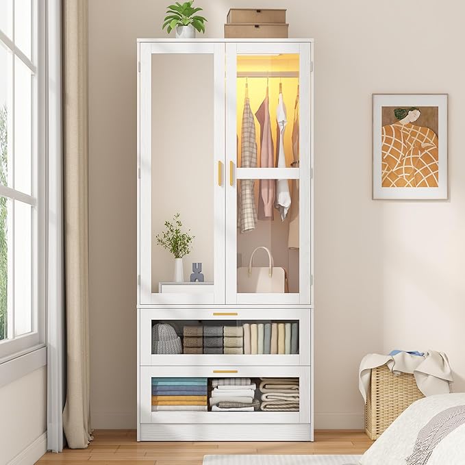 2 Doors Armoire Wardrobe Closet with LED and Mirror,71" H Freestanding Wooden Wardrobe Closet Cabinet for Bedroom w 2 Drawers,Wooden Clothing Storage Cabinet w Hanging Rod,Closets for Bedroom(White)