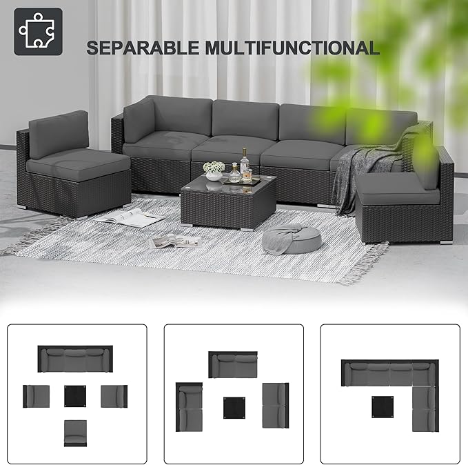SUNCROWN 7-Piece Outdoor Patio Furniture Sofa Set All-Weather Wicker Sectional Conversation Set with Modern Glass Coffee Table, Cushions and A Waterproof Cover for Backyard, Garden, Poolside, Grey