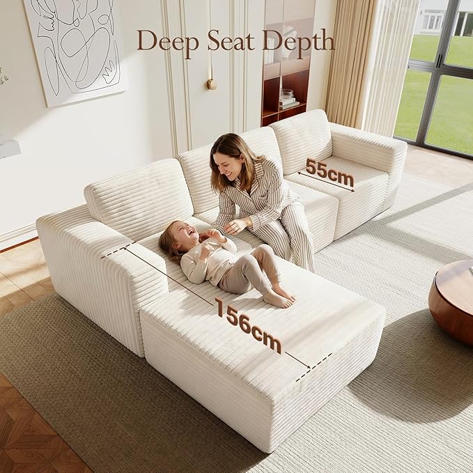 Vesgantti 119" L-Shaped Modular Sectional Sofa, Corduroy Cloud Couch with Deep Seating & Spring Support, Flexible Layout Sofa with Ottoman, Boneless Style, No Assembly Required, Beige