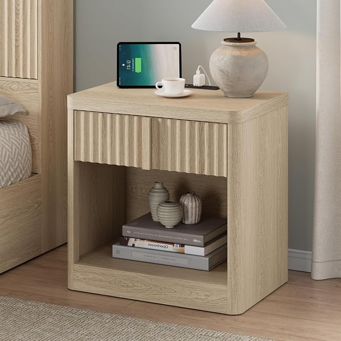 Fluted Nightstand with Charging Station, 23.6" Night Stand with Solid Wood Handle, End Table with Curved Profile Design, Mid Century Moden Bedside Table for Bedroom, Living Room, Natural Oak by Harpaq