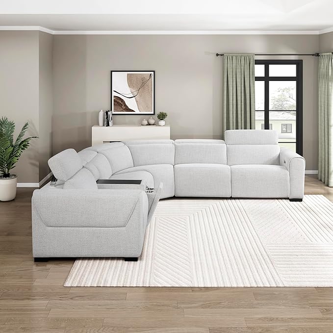 Lexicon Power Reclining Sectional Couches for Living Room-Modular Sectional Sofa, Wall Hugger,3 Recliner Seats, Console Cup Holders, Power Headrests, Charging Ports, 5 Seater Couch, Chenille Cloud