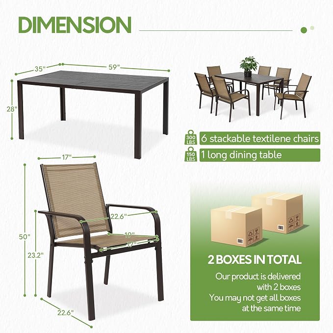 7 Piece Patio Dining Set for 6, 6 Stackable Textilene Chairs and 1 Dining Table Outdoor Furniture Set, Brown - Image 2