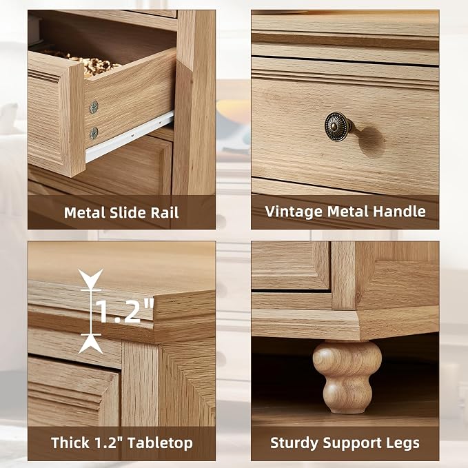 Joaxswe Farmhouse Nightstand with Charging Station, 24" Wide End Table with 3 Drawers,Natural Wood Dresser Cabinet for Bedroom, Bed Side Table Chest of Drawers,Night Stand for Living Room, Closet - Image 6