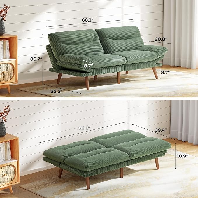 Marsail 66.1" Futon Sofa Bed, Corduroy Convertible Futon Couch with Adjustable Backrest & Armrests, Small Sleeper Sofa Loveseat for Small Apartments, Study Room, Office, Green