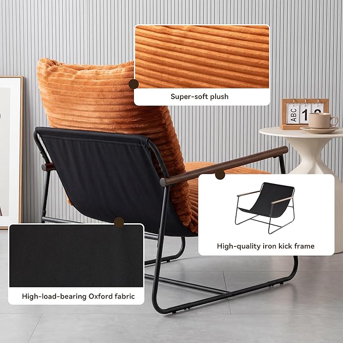 COSIEST Accent Chair for Living Room, Modern Armchair with Wood Arms, Retro Ribbed Upholstered Lounge Chair with Black Metal Frame, Comfy Reading Chair for Bedroom, Office, Brown