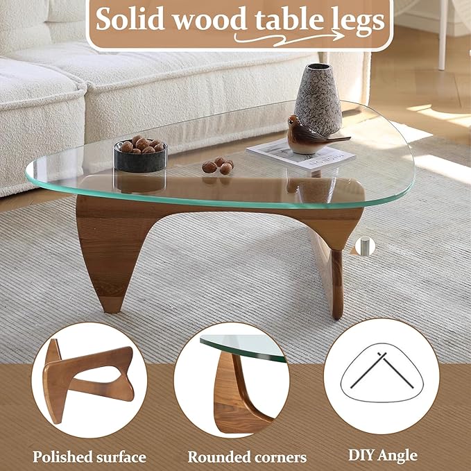 Glass Coffee Table Mid Century Modern Small Coffee Table with Tempered Glass Top & Solid Wooden Base, Abstract Brown Walnut Center Tea Tables for Living Room Home Office