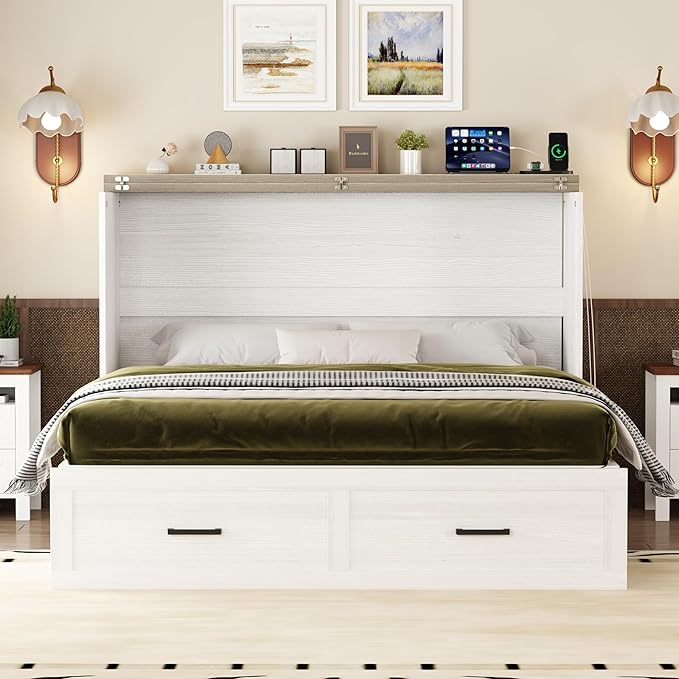 Bellemave Queen Size Murphy Bed, Cabinet Bed with Charging Station and Storage, Farmhouse Murphy Cabinet with Foldable Panel, Noisy Free, for Guest Bedroom, Living Room, Office, White